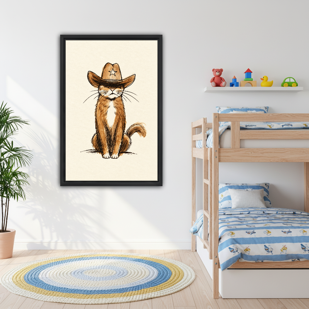 Sleepy Cowboy Tabby Cat Canvas Wall Art framed above bunk beds with blue nautical bedding.