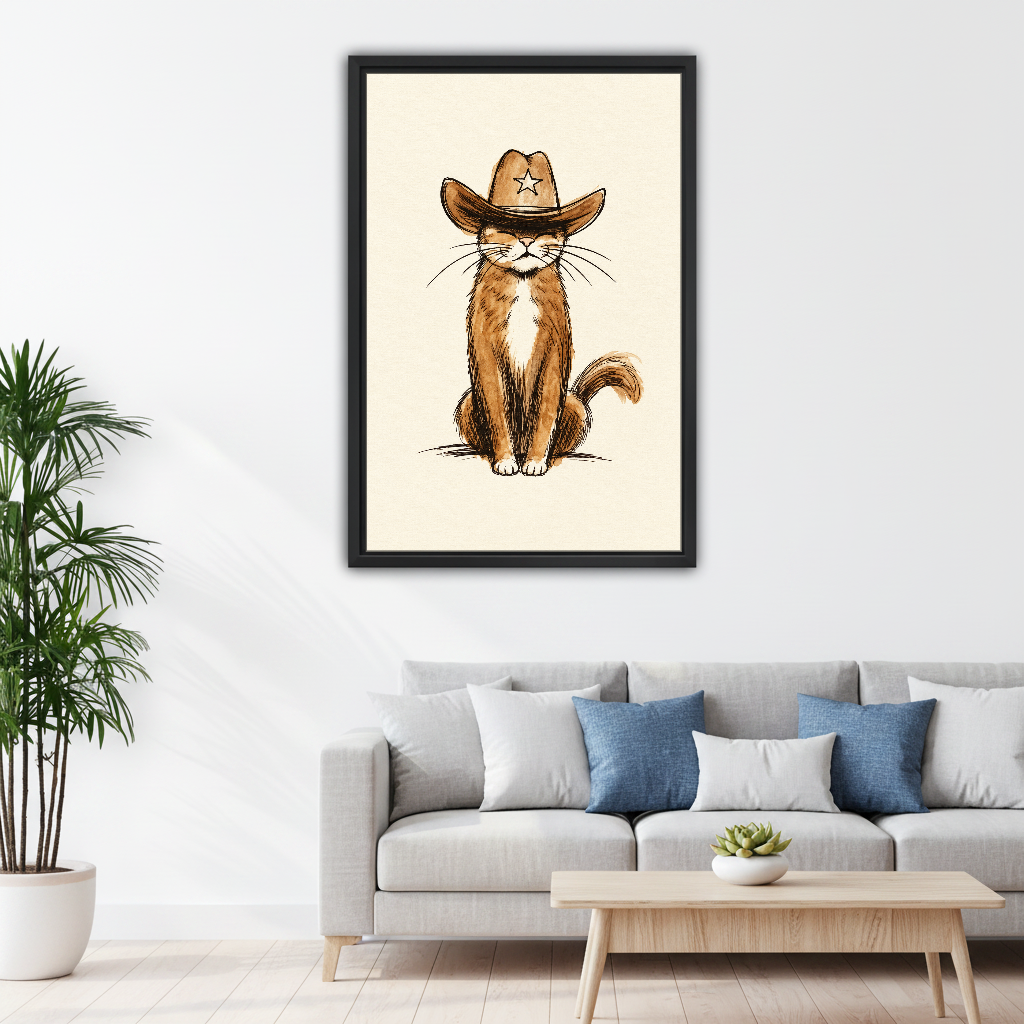 Sleepy Cowboy Tabby Cat Canvas Wall Art framed above a pale gray sofa with blue cushions.