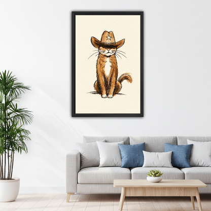 Sleepy Cowboy Tabby Cat Canvas Wall Art framed above a pale gray sofa with blue cushions.