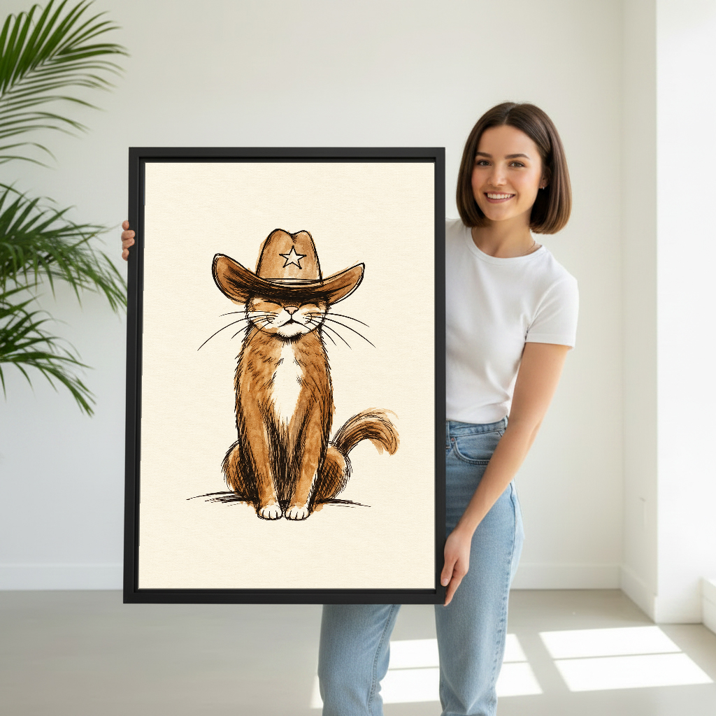 Sleepy Cowboy Tabby Cat Canvas Wall Art held by a woman in white shirt and jeans.