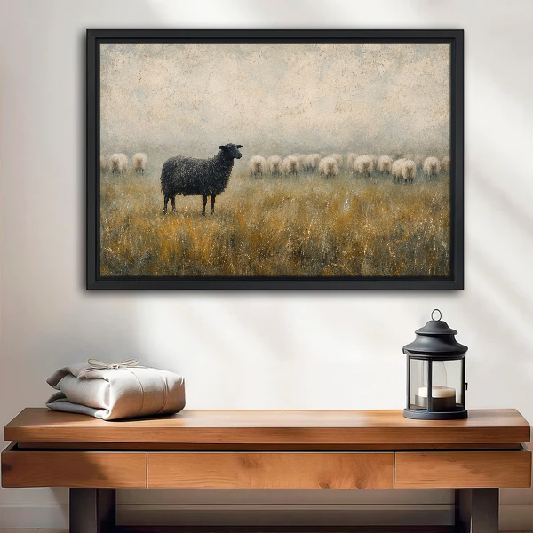 Black Sheep Quiet Confidence Canvas Wall Art framed above a wood console with lantern and folded linen.