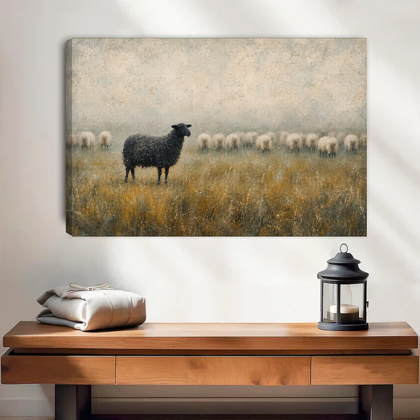 Black Sheep Quiet Confidence Canvas Wall Art unframed above a wood console with lantern and folded linen.