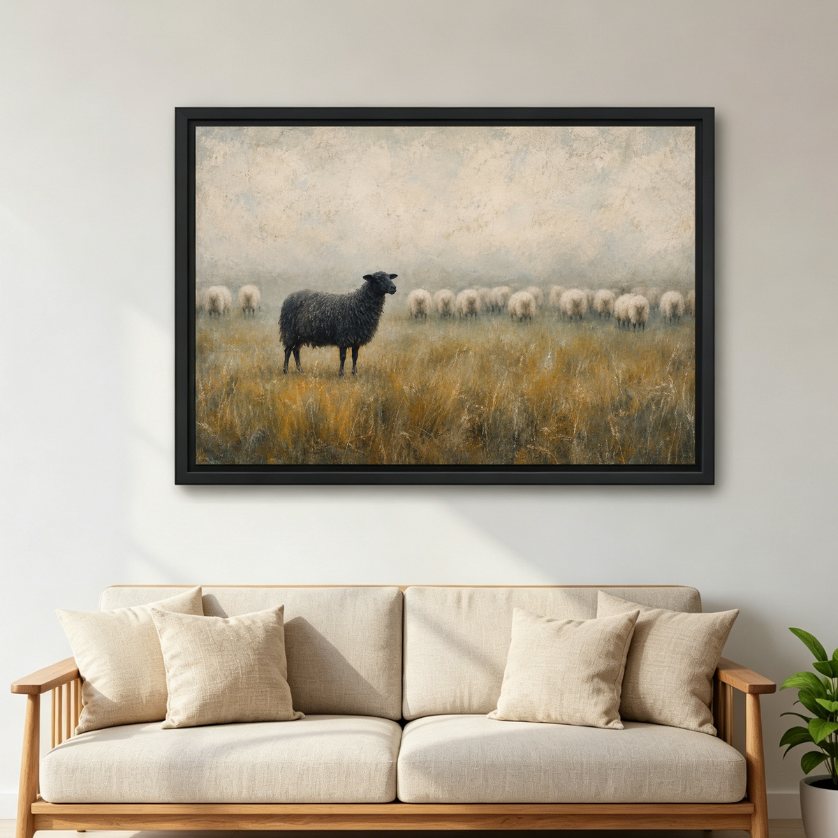 Black Sheep Quiet Confidence Canvas Wall Art framed above a cream sofa with wooden arms.