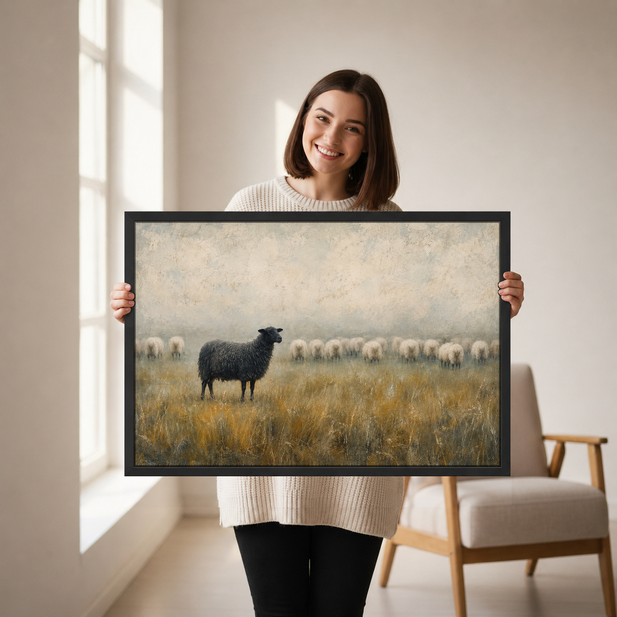 Black Sheep Quiet Confidence Canvas Wall Art held by a woman in a bright neutral room.