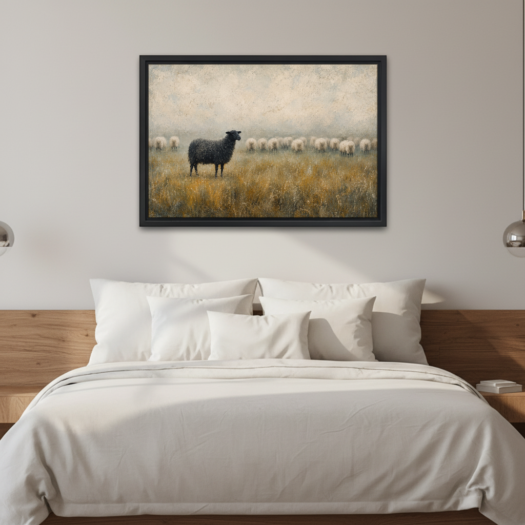 Black Sheep Quiet Confidence Canvas Wall Art framed above white bedding and wooden bedside tables.