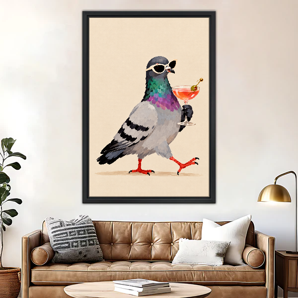 Pigeon Cocktail Stroll Canvas Wall Art framed above a brown leather sofa and brass lamp.