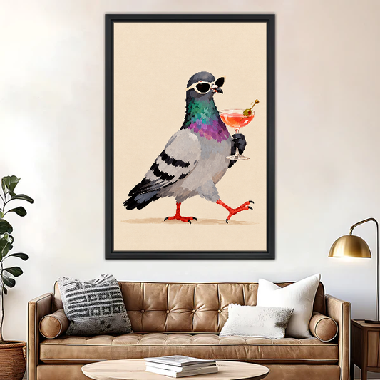 Pigeon Cocktail Stroll Canvas Wall Art framed above a brown leather sofa and brass lamp.