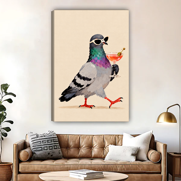 Pigeon Cocktail Stroll Canvas Wall Art unframed above a brown leather sofa and brass lamp.