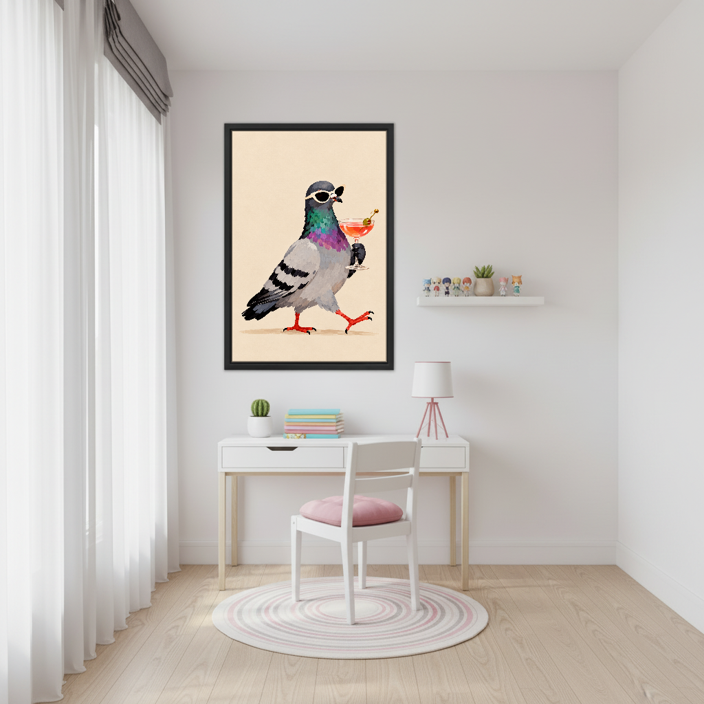 Pigeon Cocktail Stroll Canvas Wall Art framed above a white desk beside a pale pink chair.