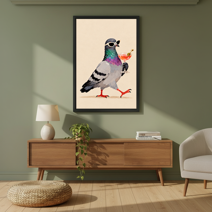 Pigeon Cocktail Stroll Canvas Wall Art framed above a wood console against an olive wall.