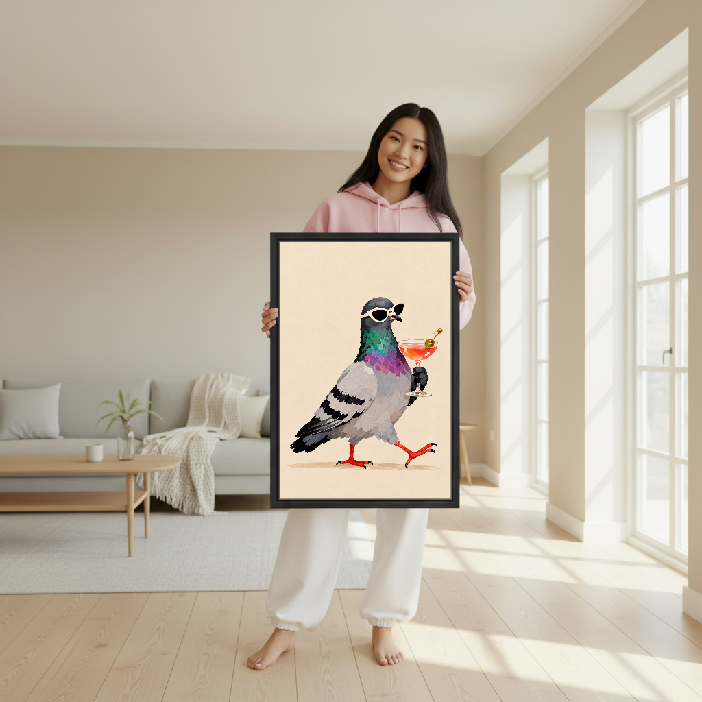 Pigeon Cocktail Stroll Canvas Wall Art held in a black frame by a woman in pink.