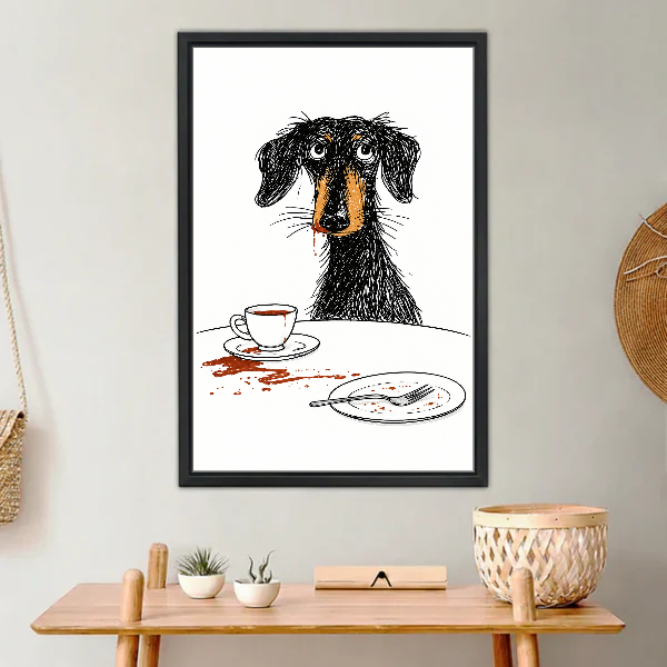 Scruffy Dog Breakfast Canvas Wall Art framed above a light wood console with cacti.