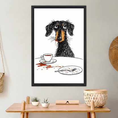 Scruffy Dog Breakfast Canvas Wall Art framed above a light wood console with cacti.