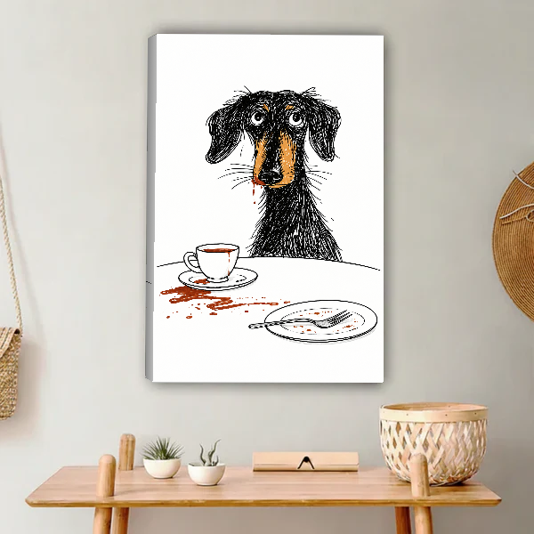 Scruffy Dog Breakfast Canvas Wall Art unframed above a light wood console and woven basket.