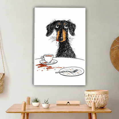 Scruffy Dog Breakfast Canvas Wall Art unframed above a light wood console and woven basket.
