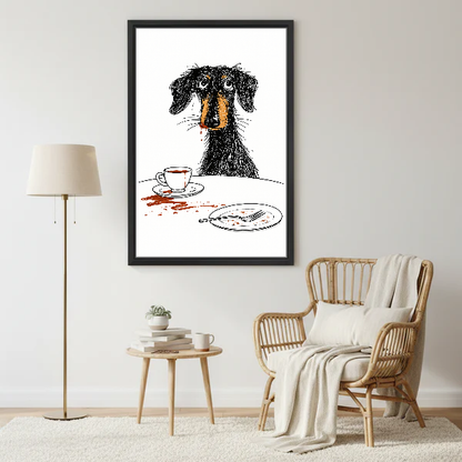 Scruffy Dog Breakfast Canvas Wall Art framed beside a wicker armchair and brass floor lamp.