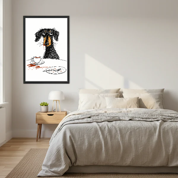 Scruffy Dog Breakfast Canvas Wall Art framed above cream bedding and pale wood nightstands.