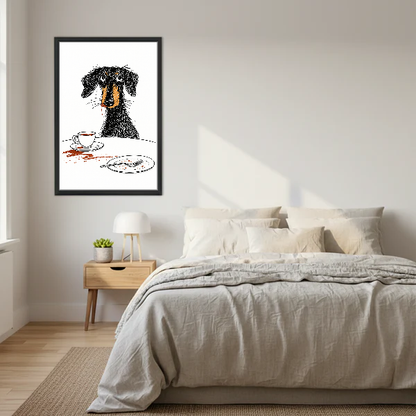 Scruffy Dog Breakfast Canvas Wall Art framed above cream bedding and pale wood nightstands.