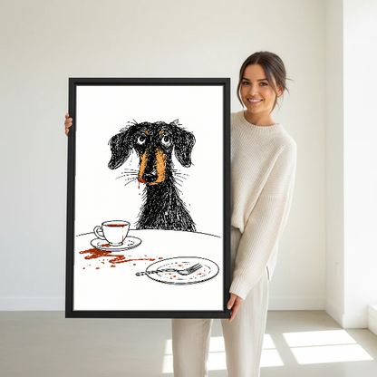 Scruffy Dog Breakfast Canvas Wall Art held in a black frame by a woman in cream.