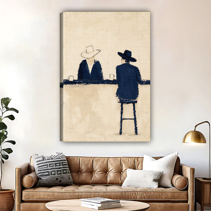Quiet Cowboy Bar Conversation Canvas Wall Art unframed above a brown leather sofa and brass lamp.