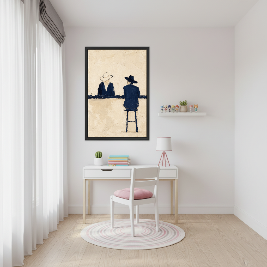 Quiet Cowboy Bar Conversation Canvas Wall Art framed above a white desk beside a pale pink chair.