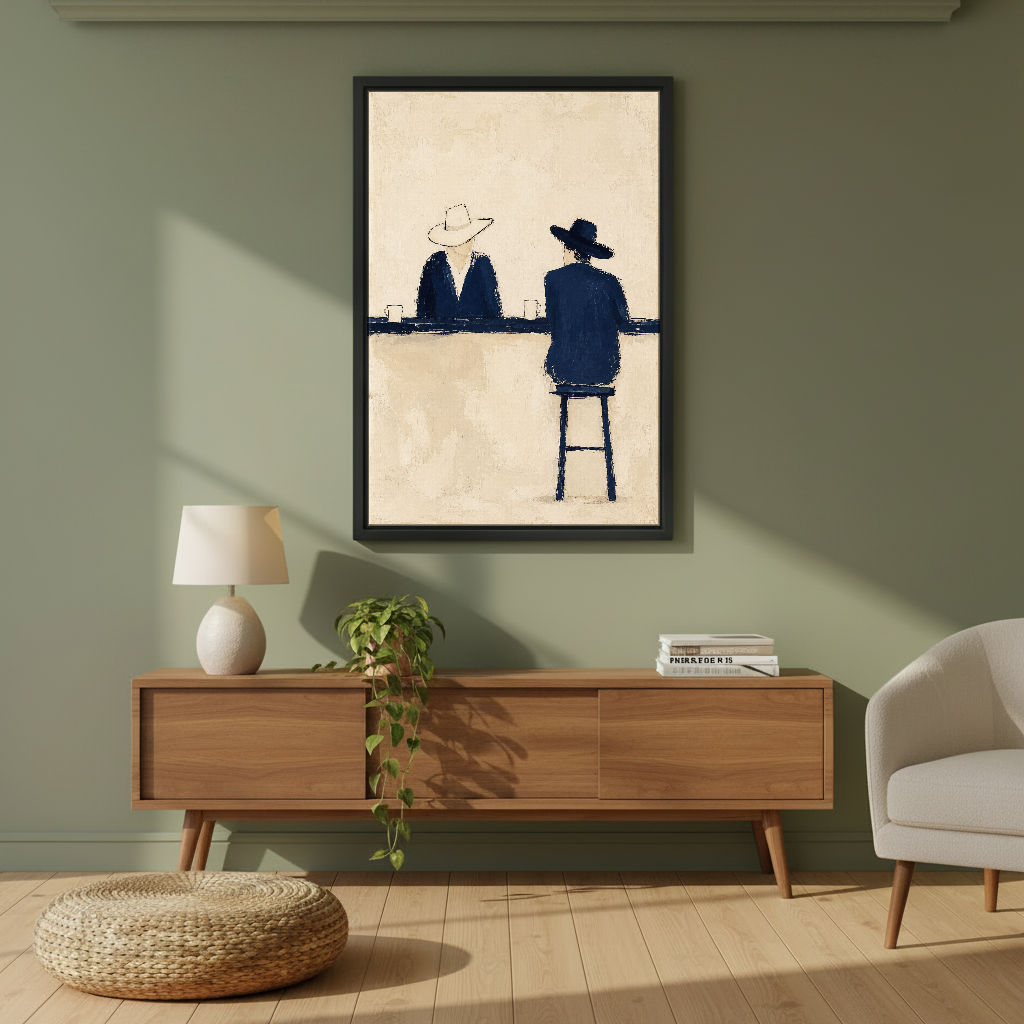 Quiet Cowboy Bar Conversation Canvas Wall Art framed above a wood console against an olive wall.