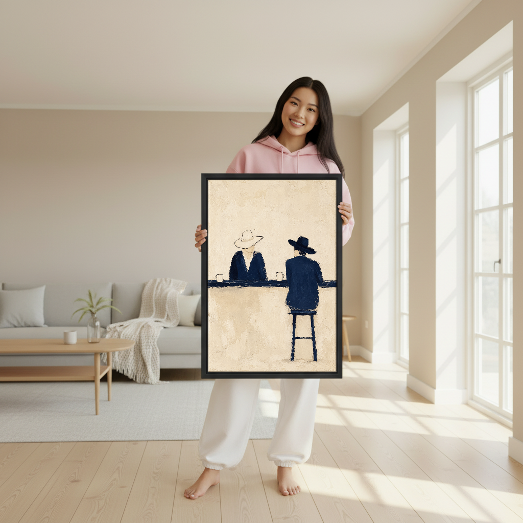 Quiet Cowboy Bar Conversation Canvas Wall Art held in a black frame by a woman in pink.