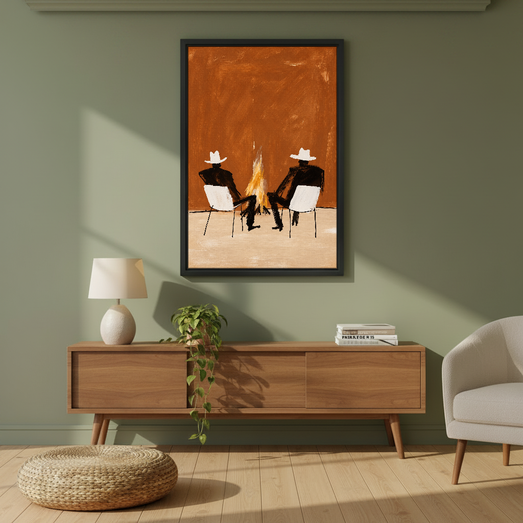 Cowboys By The Campfire Canvas Wall Art framed above a wood console against an olive wall.