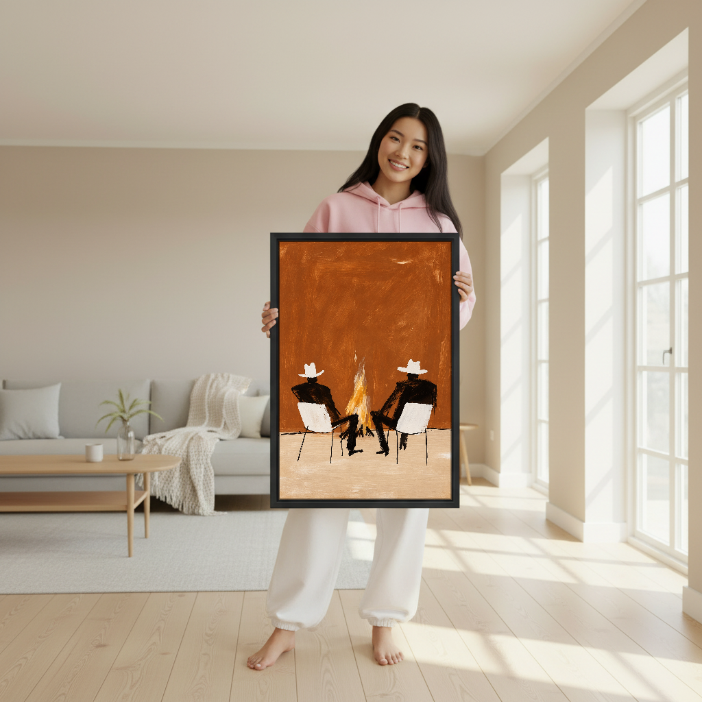 Cowboys By The Campfire Canvas Wall Art held in a black frame by a woman in pink.