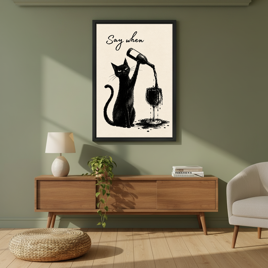 Say When Wine Cat Canvas Wall Art framed above a wood console against an olive wall.