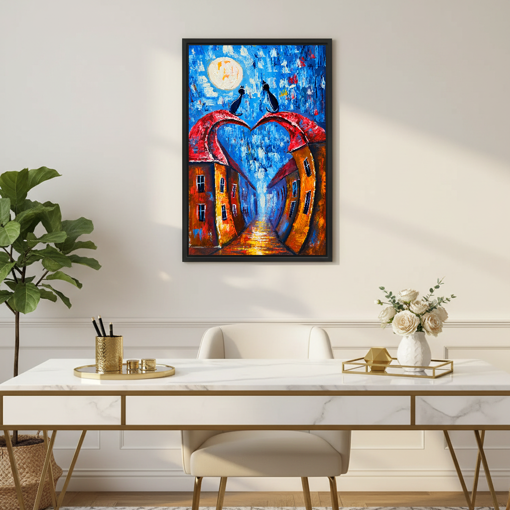 Moonlit Heart Rooftop Cats Canvas Wall Art framed above a white desk with gold legs and plants.