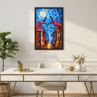 Moonlit Heart Rooftop Cats Canvas Wall Art framed above a white desk with gold legs and plants.