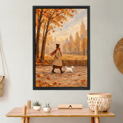 Autumn Walk White Dog Canvas Wall Art framed above a light wood console with cacti.