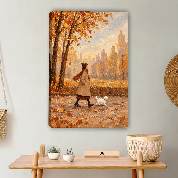 Autumn Walk White Dog Canvas Wall Art unframed above a light wood console and woven basket.