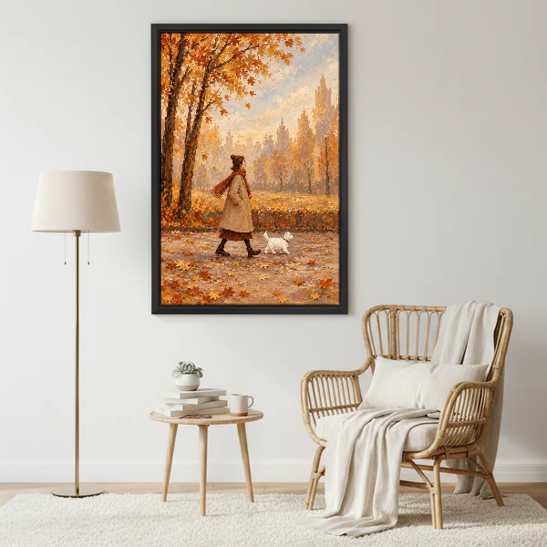Autumn Walk White Dog Canvas Wall Art framed beside a wicker armchair and brass floor lamp.