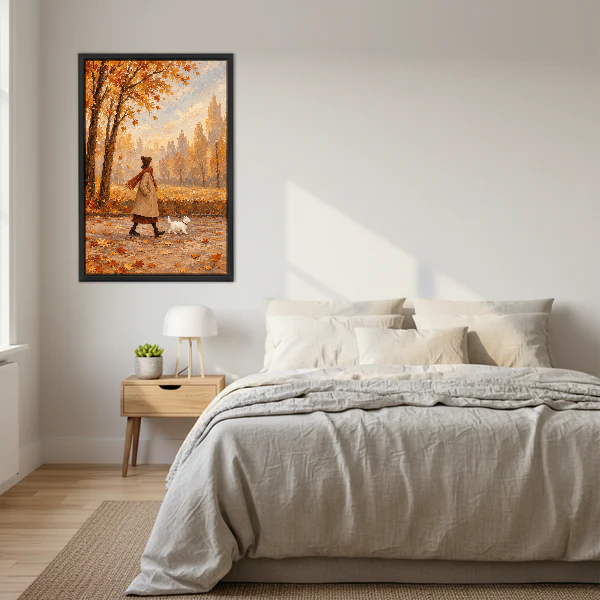 Autumn Walk White Dog Canvas Wall Art framed above cream bedding and pale wood nightstands.