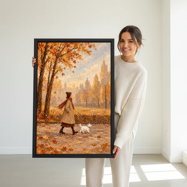 Autumn Walk White Dog Canvas Wall Art held in a black frame by a woman in cream.