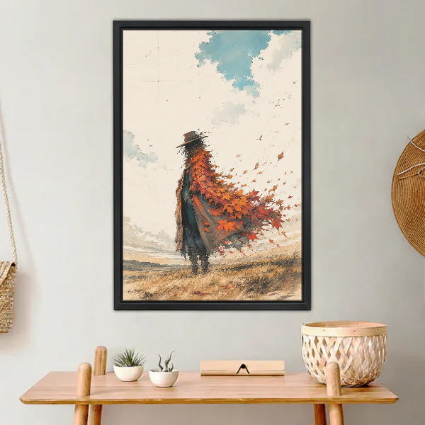 Autumn Wandering Figure Canvas Wall Art framed above a light wood console with cacti.