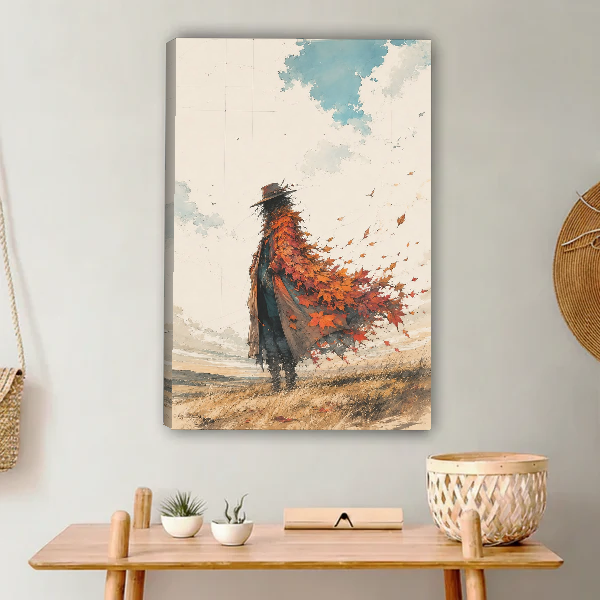Autumn Wandering Figure Canvas Wall Art unframed above a light wood console and woven basket.
