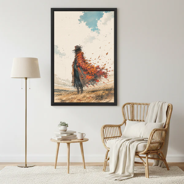 Autumn Wandering Figure Canvas Wall Art framed beside a wicker armchair and brass floor lamp.