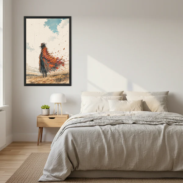 Autumn Wandering Figure Canvas Wall Art framed above cream bedding and pale wood nightstands.