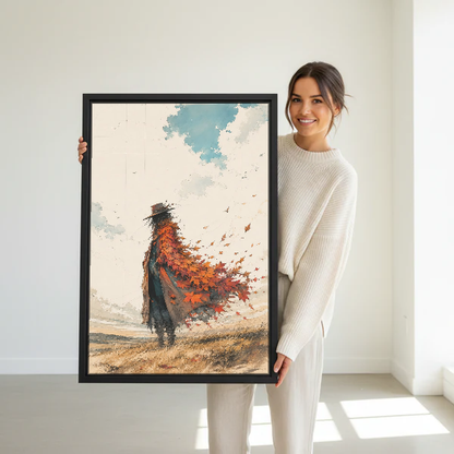 Autumn Wandering Figure Canvas Wall Art held in a black frame by a woman in cream.