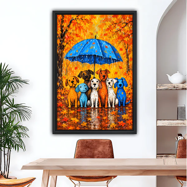 Seven Dogs Blue Umbrella Canvas Wall Art framed above a wood desk beneath a bright archway.