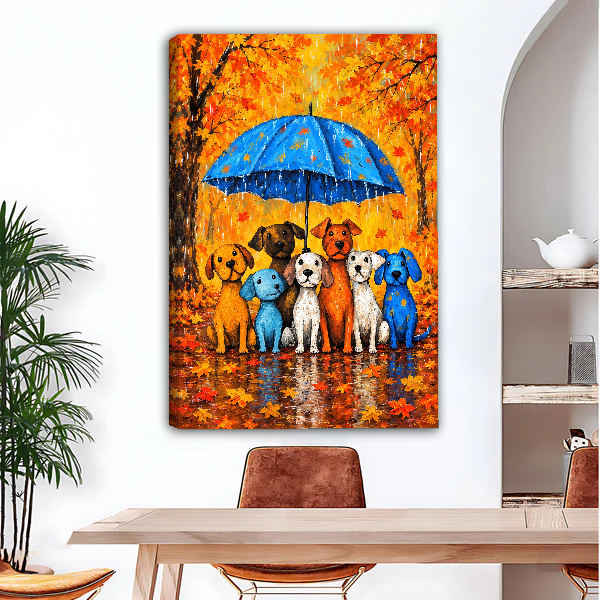 Seven Dogs Blue Umbrella Canvas Wall Art unframed above a wood desk beside a brown chair.