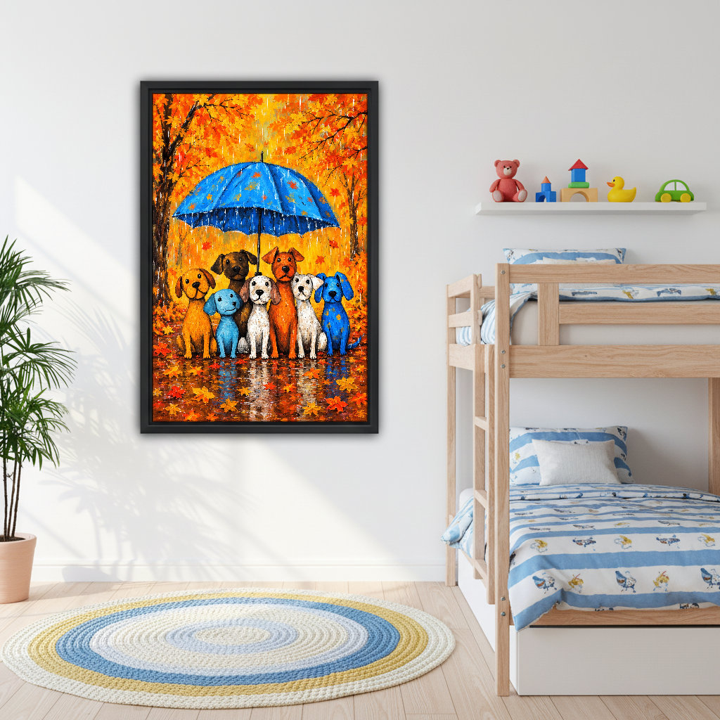 Seven Dogs Blue Umbrella Canvas Wall Art framed above bunk beds with blue nautical bedding.