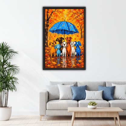 Seven Dogs Blue Umbrella Canvas Wall Art framed above a pale gray sofa with blue cushions.