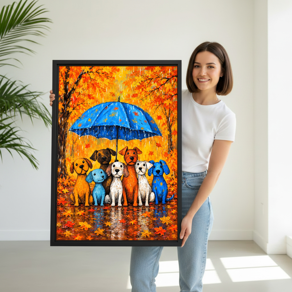 Seven Dogs Blue Umbrella Canvas Wall Art held by a woman in white shirt and jeans.