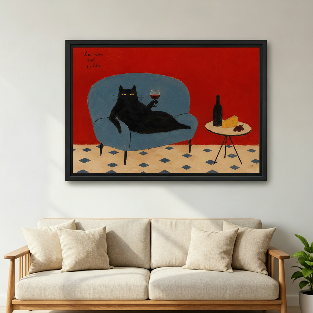 La Vie Est Belle black cat wine art print in black frame above beige sofa, bold red wall art for living room