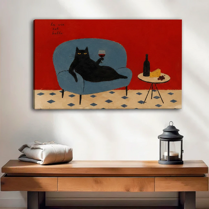 Frameless canvas wrap of black cat drinking wine wall art on console table, gallery wrap red background home decor