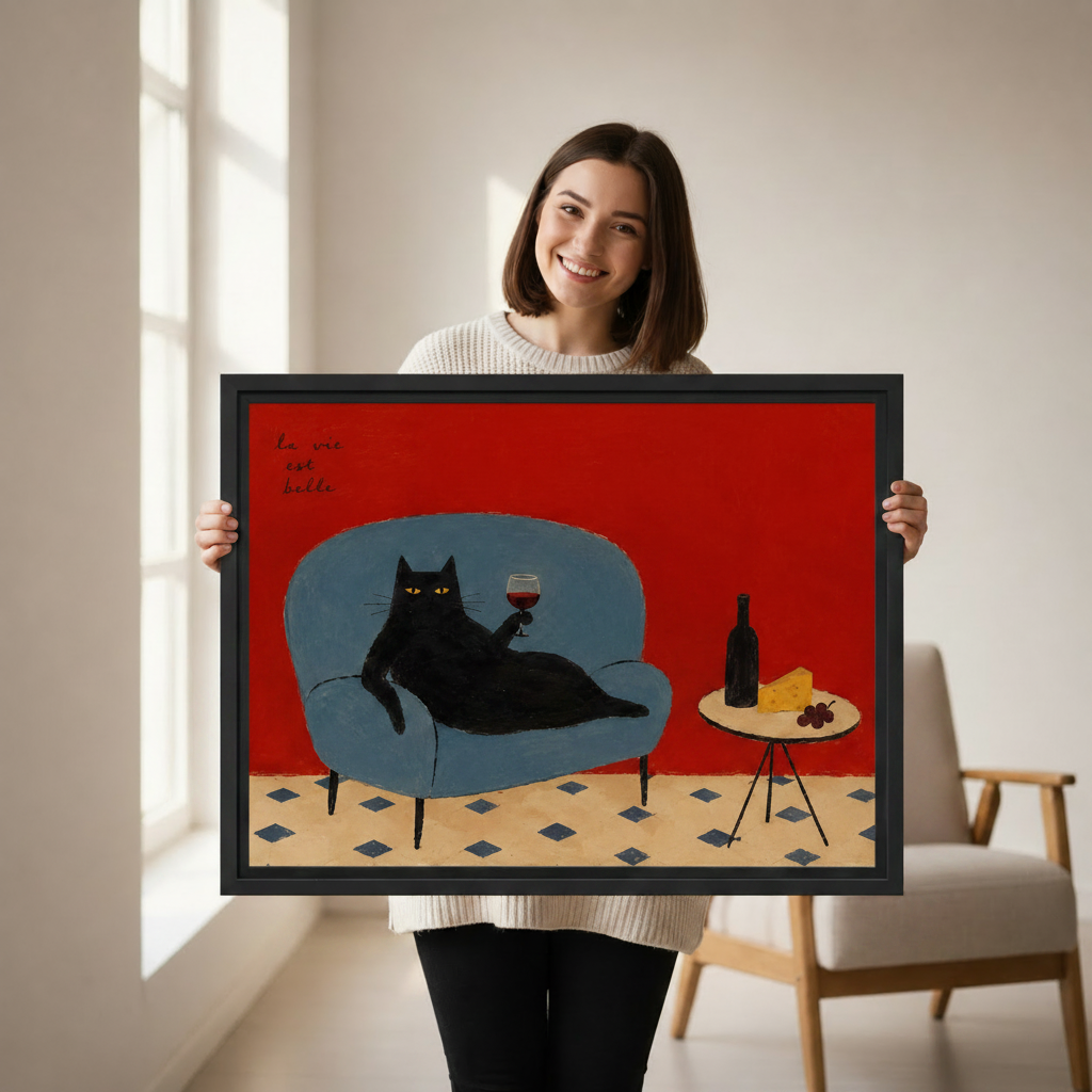 Woman holding large La Vie Est Belle black cat framed canvas print, vintage red wall art gift for cat lovers